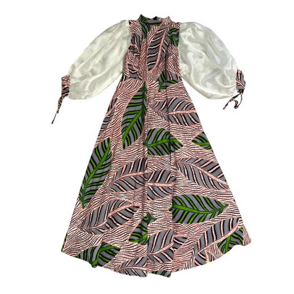 ghana Tropical Leaf Maxi Dress handmade White Satin Lantern Sleeve 8 Kua designs